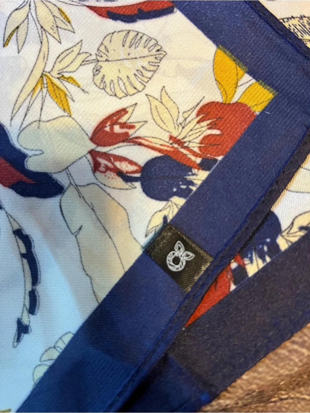 Floral Border Silk-Feel Neck Scarf in Navy and Cream